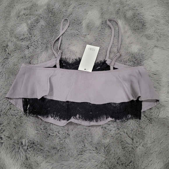 Tobi black eyelash lace silver lavender gray chiffon flowy crop top small - Picture 2 of 3